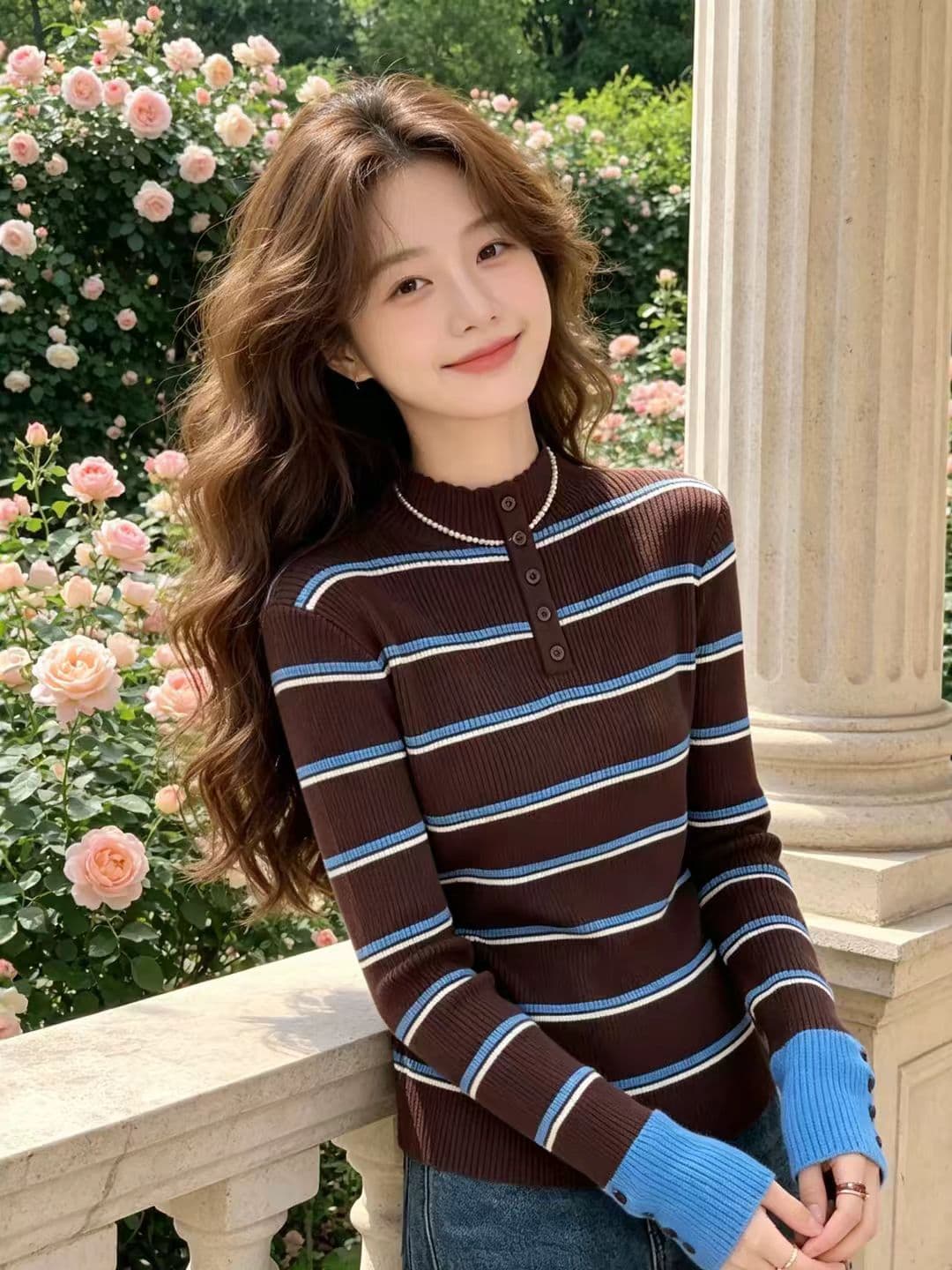 빅 사이즈 여성 의류 스트라이프 반하이넥 긴팔 털 니트 스웨터 이른 가을 마이크로 지방 mm 자이언트 슬림해 보이는 인사이드 가져 가라. 기본 셔츠 맨위 상세 이미지 1