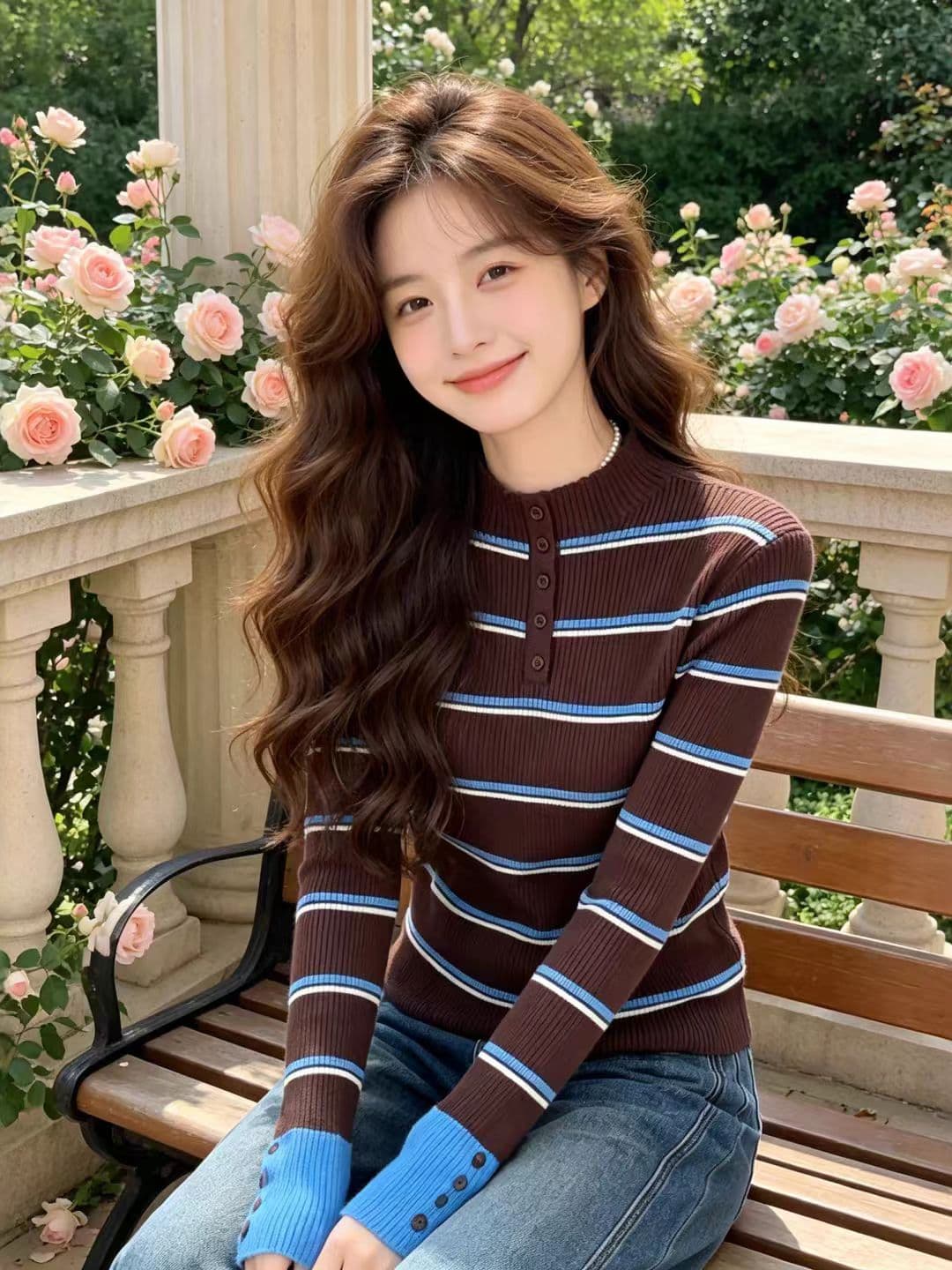 빅 사이즈 여성 의류 스트라이프 반하이넥 긴팔 털 니트 스웨터 이른 가을 마이크로 지방 mm 자이언트 슬림해 보이는 인사이드 가져 가라. 기본 셔츠 맨위 상세 이미지 3