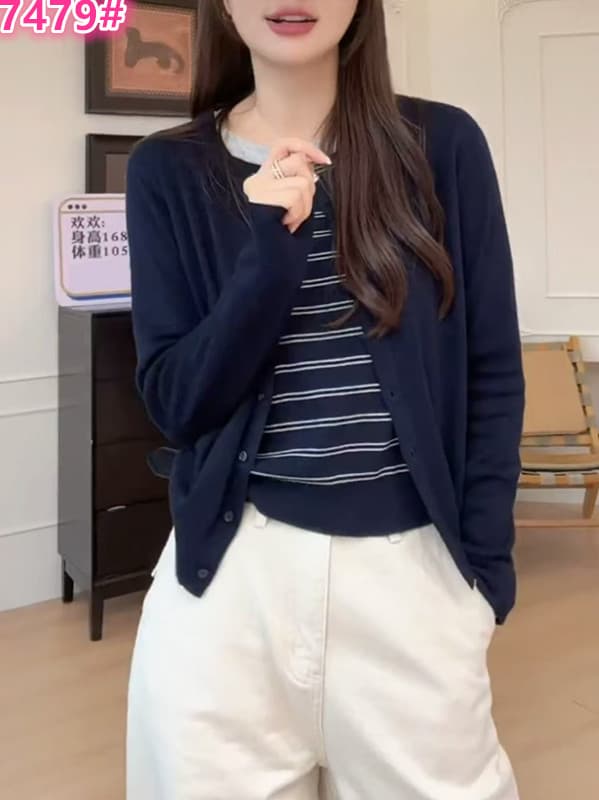 라운드 넥 페이크 레이어드 스트라이프 패치워크 니트 오픈 가디건 여성 가을 겨울 새로운 풀오버 스웨터 코트 외국 가스 맨위 폭발 상세 이미지 6