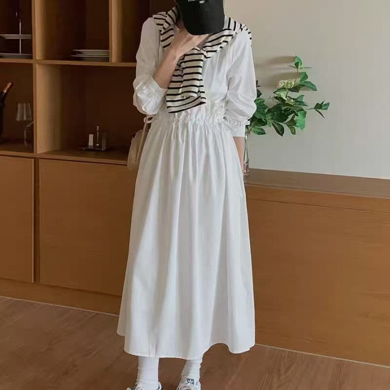 2026 봄 한국 동대문 구매 프랑스식 긴팔 여성 드레스 문예 펌프 로프 가져 가라. Pleat 롱 스커트 새로운 이미지 2