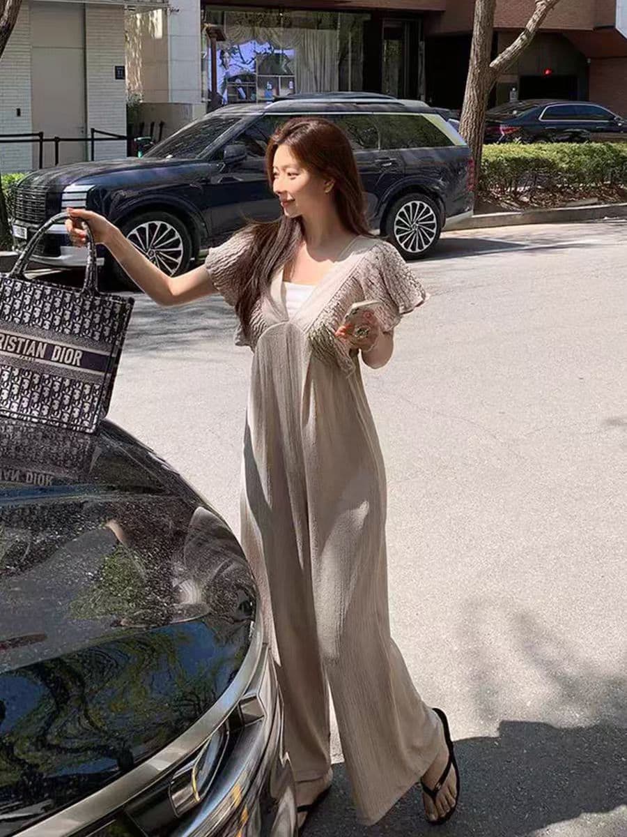 2026 년 여름 새로운 한 부서 chic 패션 다용도 품격 V넥 프릴 주름 넓은 다리 점프 슈트 바지 상세 이미지 7