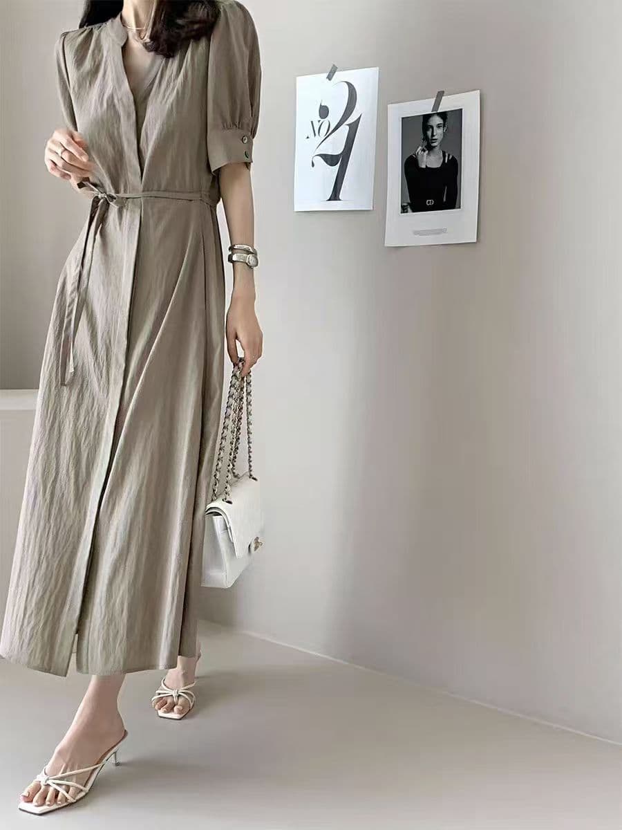 V넥 부서 벨트 반팔 드레스 롱 스커트 미니멀리즘 바람 품격 한국 스타일 chic 익스트림 제인 빛 요리 한 상세 이미지 17