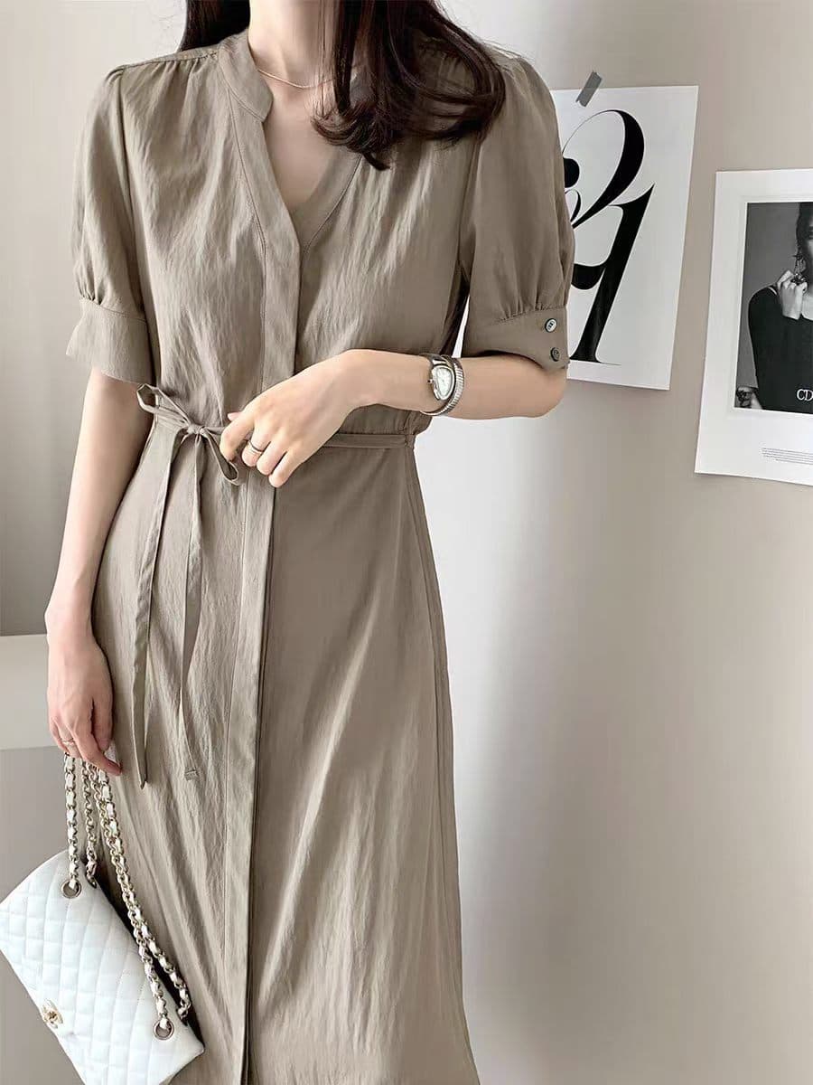 V넥 부서 벨트 반팔 드레스 롱 스커트 미니멀리즘 바람 품격 한국 스타일 chic 익스트림 제인 빛 요리 한 상세 이미지 22