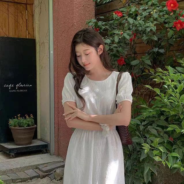 chic 새로운 한 부서 여름 프랑스식 부드러운 질감 곡물 허리 수축 슬림해 보이는 거품 소매 캐주얼 휴가 드레스 상세 이미지 5