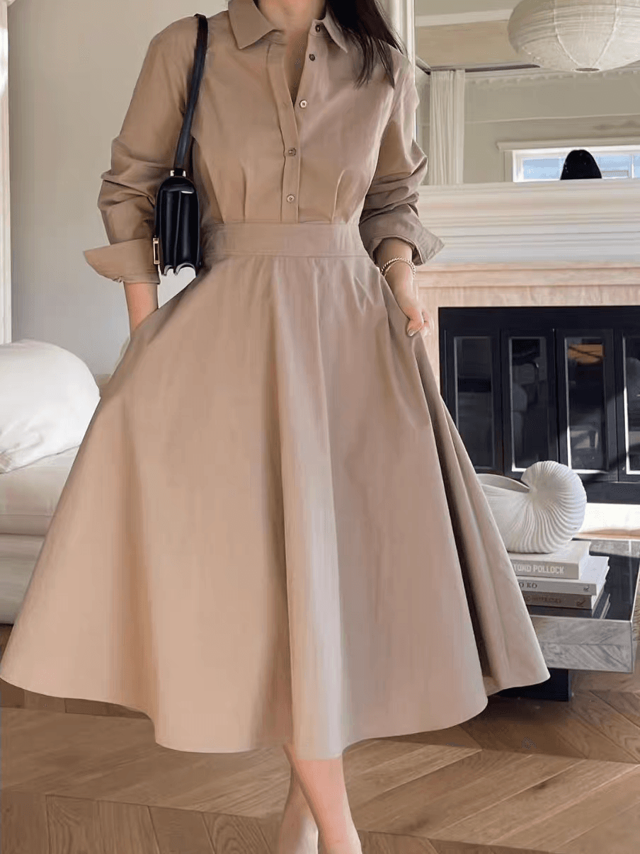 한국 가을 겨울철 새로운 빛 럭셔리 셔츠 칼라 허리 수축 슬림해 보이는 긴팔 여성 드레스 2026 디자인 센스 롱 스커트