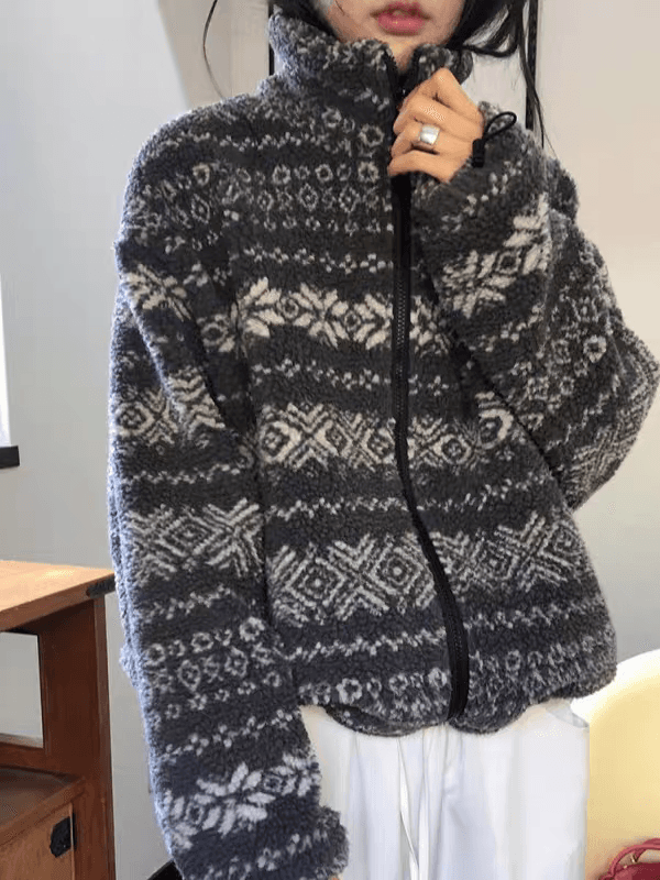 한국 동대문 2026 가을 겨울 공정한 섬 자카드 두꺼운 양털 면 의류 플리스 여성 코트 이미지 3