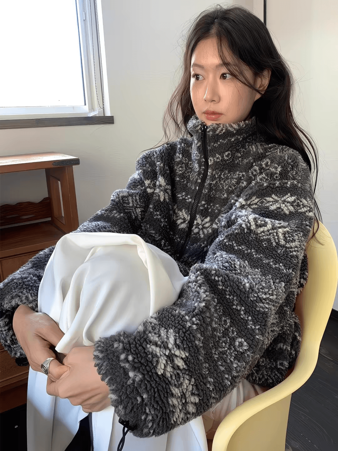 한국 동대문 2026 가을 겨울 공정한 섬 자카드 두꺼운 양털 면 의류 플리스 여성 코트 이미지 4