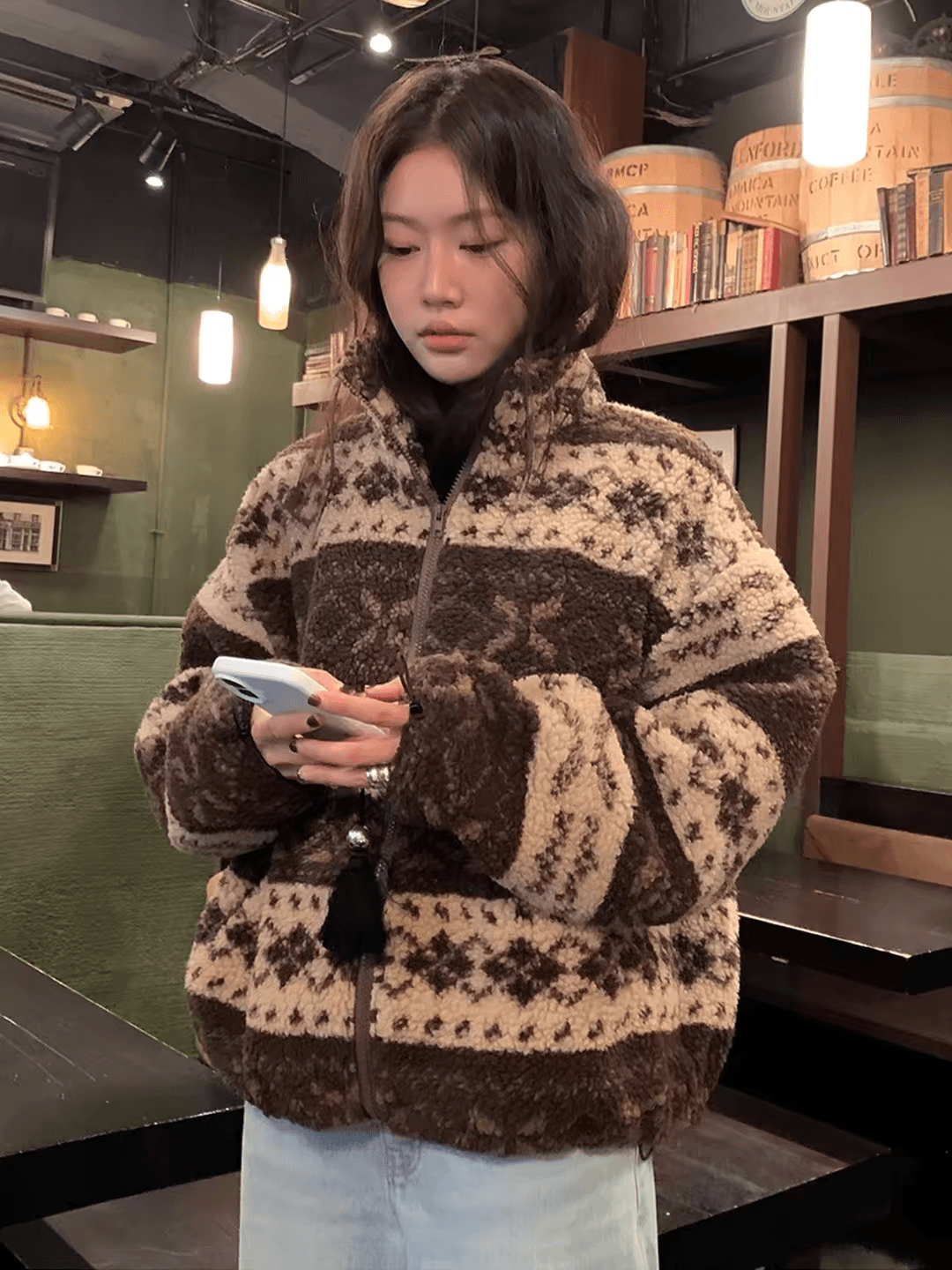 한국 동대문 2026 가을 겨울 공정한 섬 자카드 두꺼운 양털 면 의류 플리스 여성 코트 상세 이미지 2