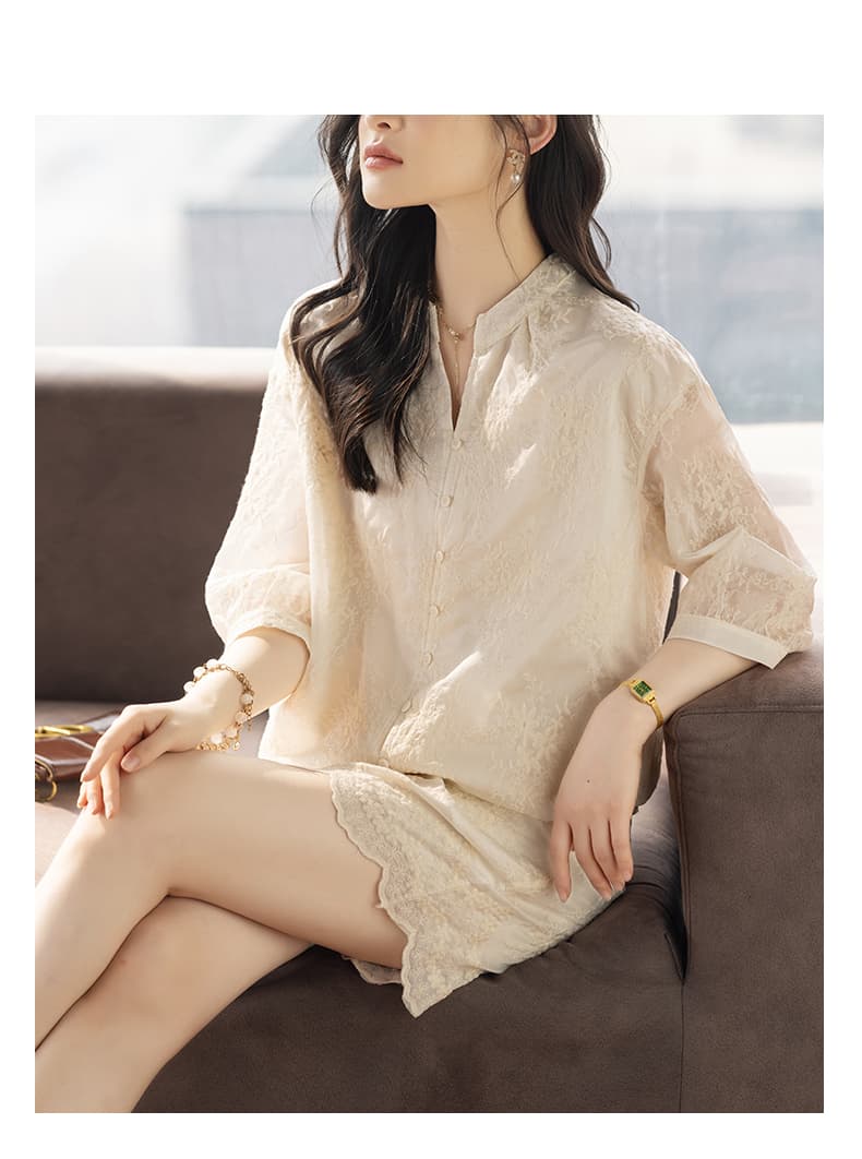 제한 가격 12+ 작은 동영상 여성 의류 2026 여름 새로운 프랑스식 분위기 센스 자수 주간 실크 맨위 반바지 세트 상세 이미지 10