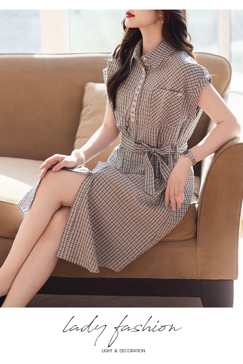 제한 가격 12+ 작은 동영상 격자 무늬 셔츠 여성 드레스 여름 2026 새로운 레이스업 허리 수축 슬림해 보이는 레트로 상세 이미지 9