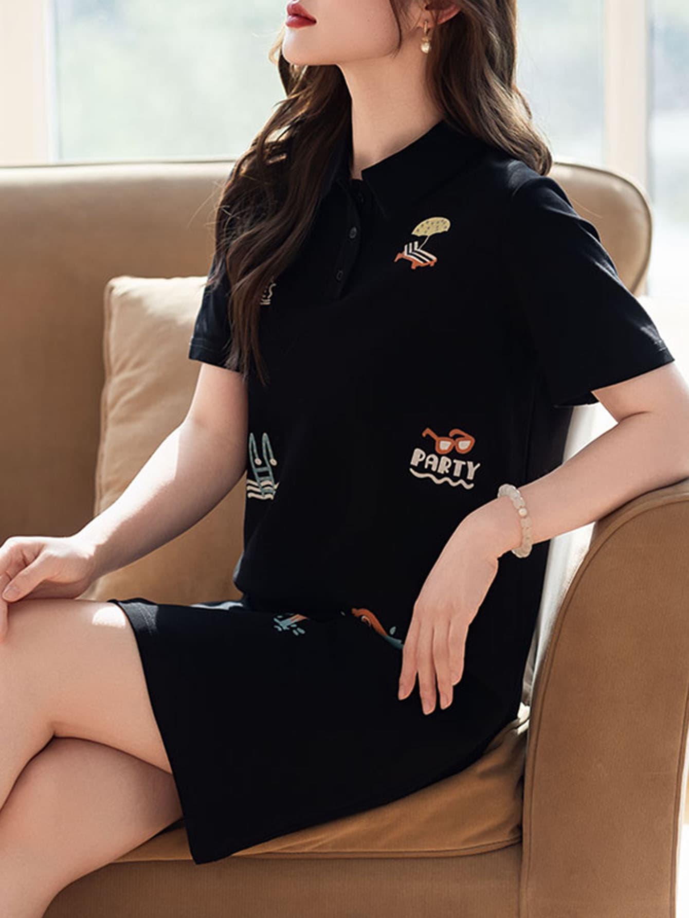 제한 가격 12+ 작은 동영상 여름 새로운 만화 프린트 POLO 칼라 드레스 빅 사이즈 여성 지방 mm 스트레이트 롱 스커트 이미지 2