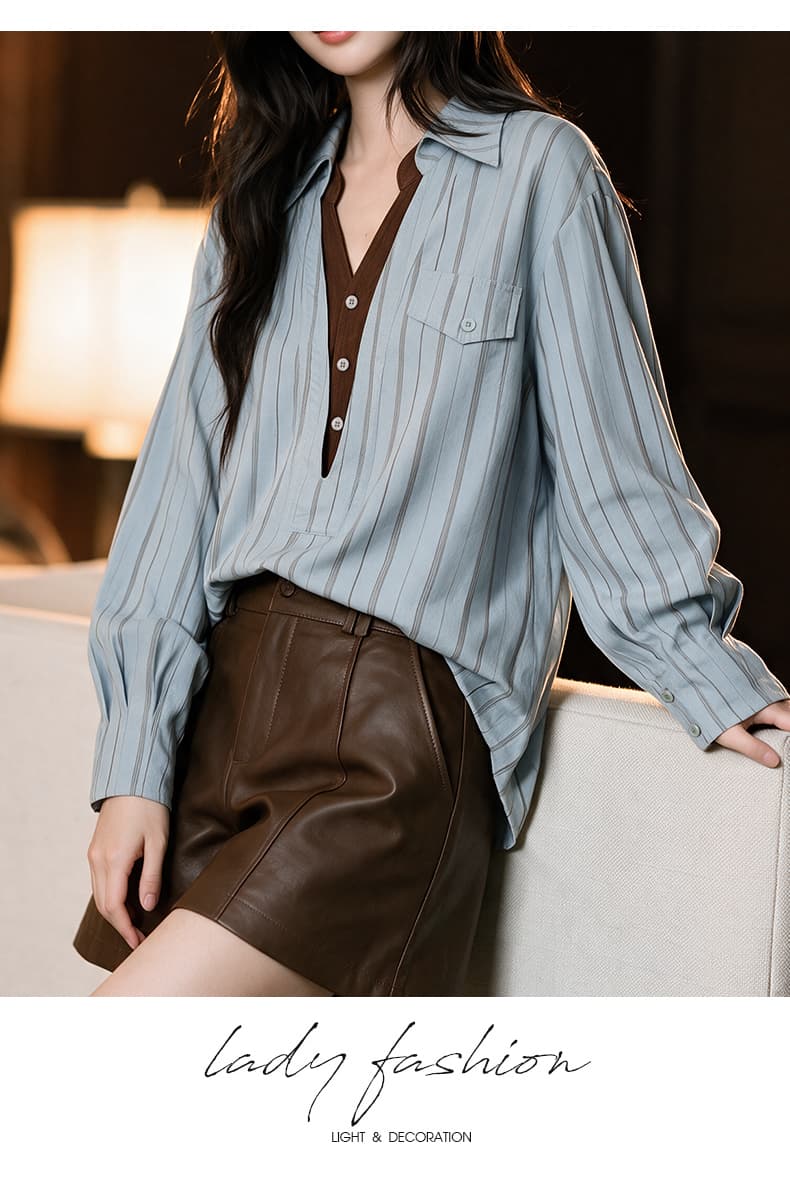 제한 가격 12+ 작은 동영상 2026 가을 새로운 스트라이프 디자인 센스 패치워크 페이크 레이어드 패션 셔츠 여성 의류 상세 이미지 9