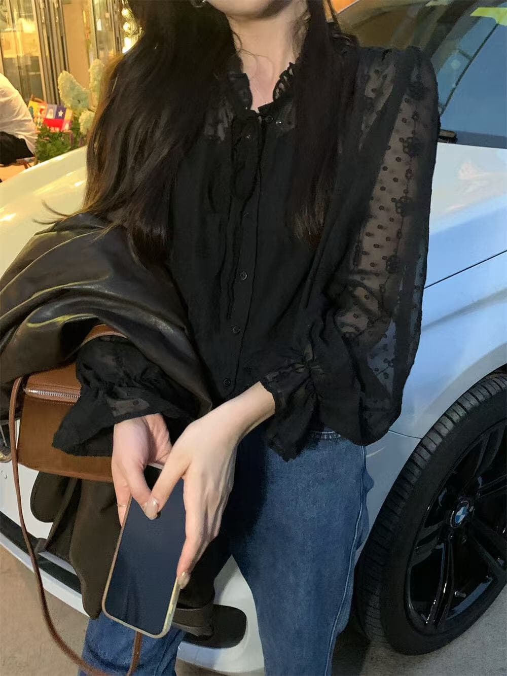 가을 켜기 새로운 한 부서 프랑스식 낭만주의 부드러운 절묘한 레이스 자수 작은 셔츠 상세 이미지 7