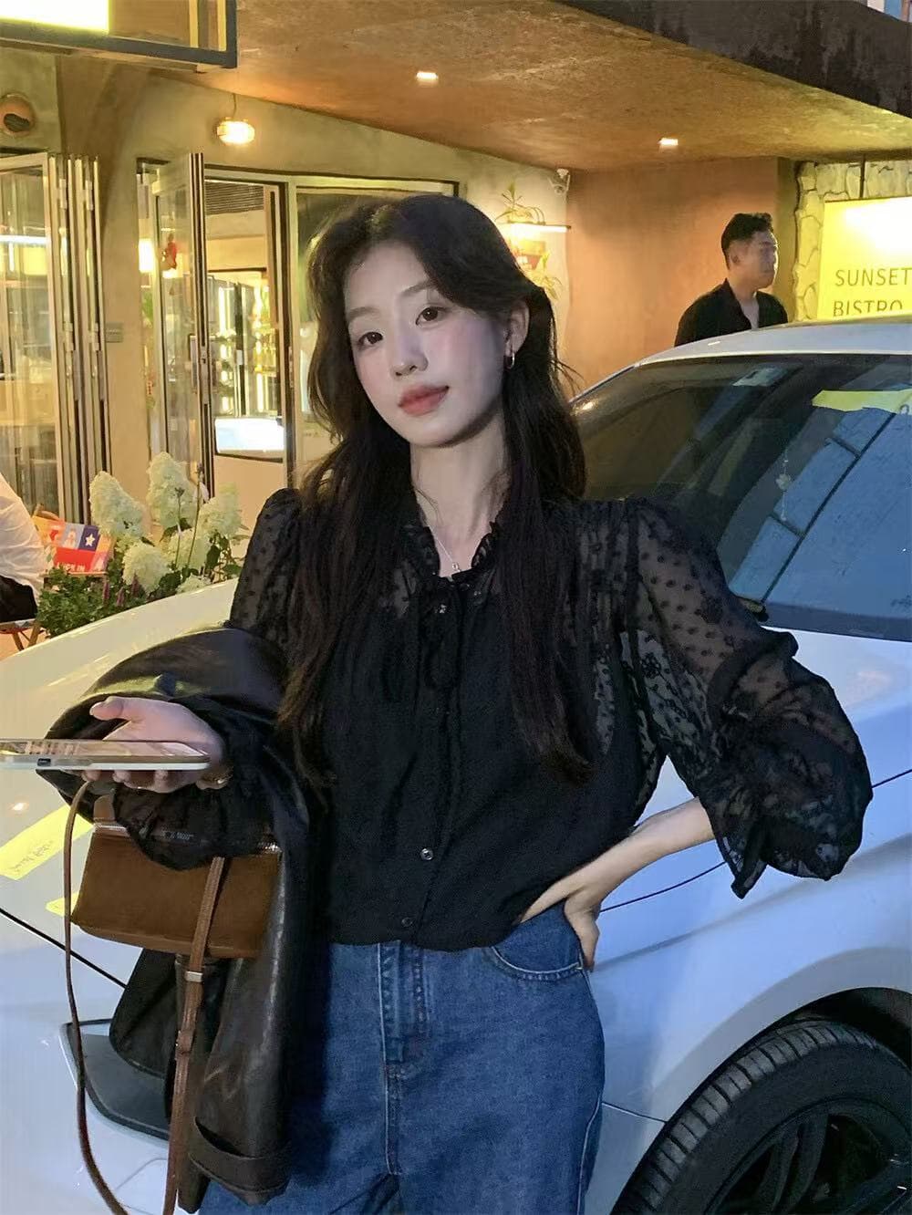가을 켜기 새로운 한 부서 프랑스식 낭만주의 부드러운 절묘한 레이스 자수 작은 셔츠 상세 이미지 14