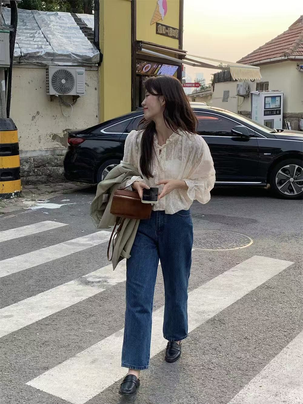 가을 켜기 새로운 한 부서 프랑스식 낭만주의 부드러운 절묘한 레이스 자수 작은 셔츠 상세 이미지 16