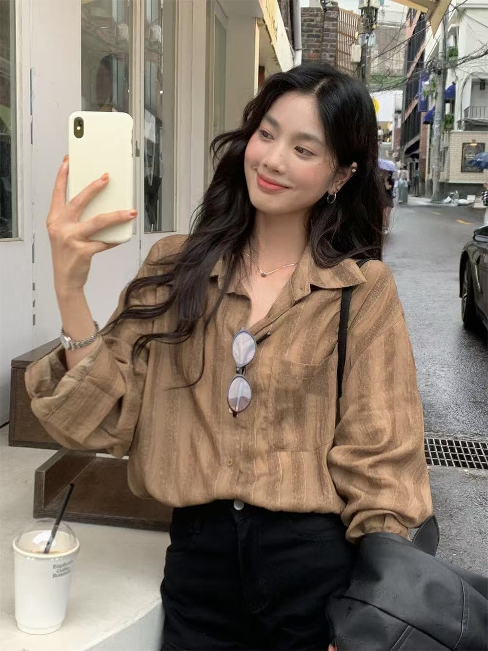 가을의 날 스타일 한 부서 품격 미니멀리즘 질감 센스 원단 루즈핏 셔츠 상세 이미지 9