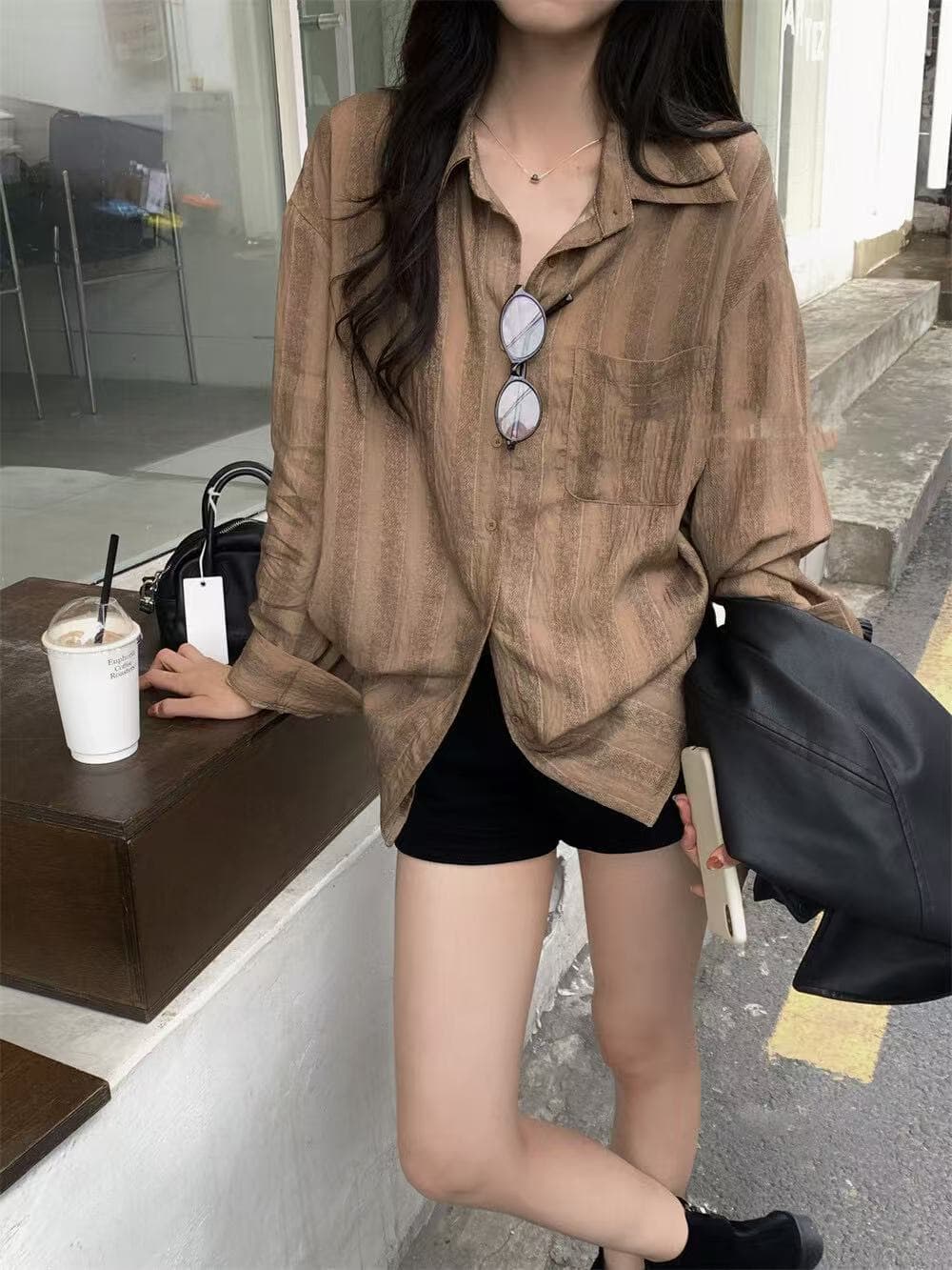 가을의 날 스타일 한 부서 품격 미니멀리즘 질감 센스 원단 루즈핏 셔츠 상세 이미지 10