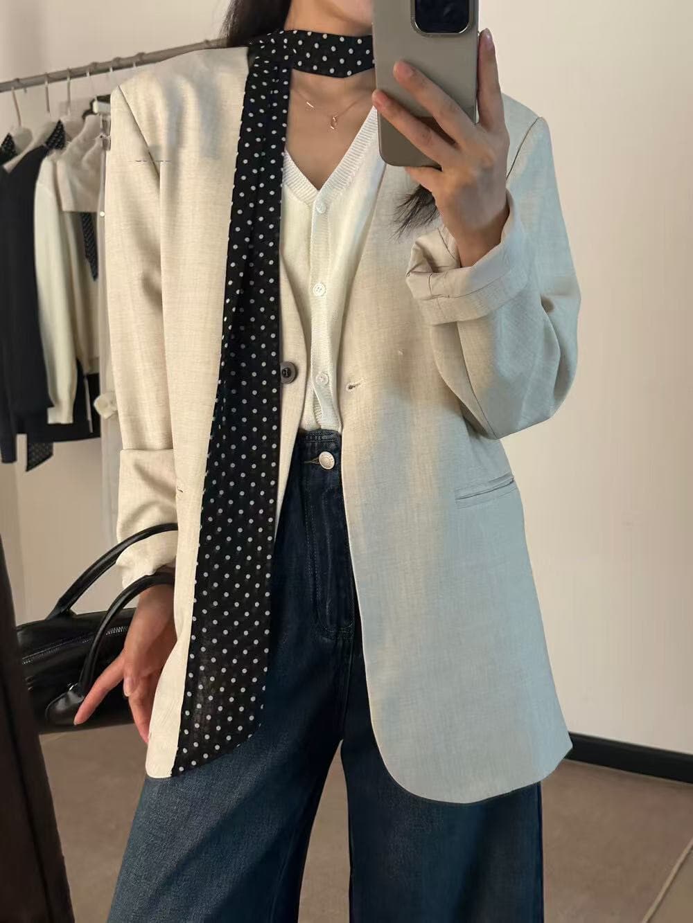가을 켜기 새로운 한 부서 미니멀리즘 품격 바람 없음 칼라 질감 루즈핏 웨스트 조립 리본 이미지 3