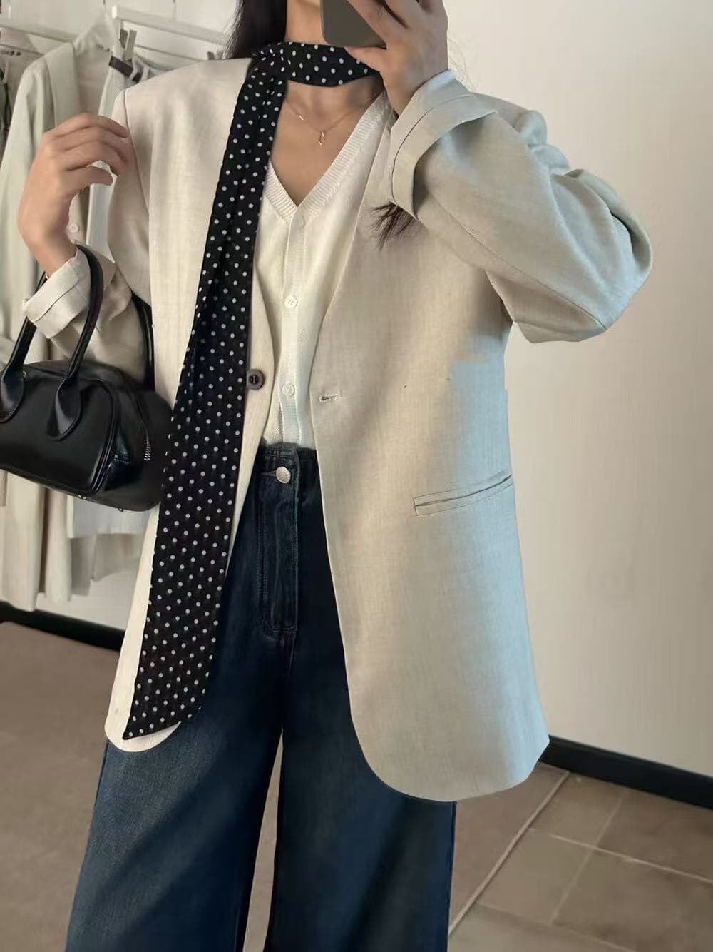 가을 켜기 새로운 한 부서 미니멀리즘 품격 바람 없음 칼라 질감 루즈핏 웨스트 조립 리본 상세 이미지 1