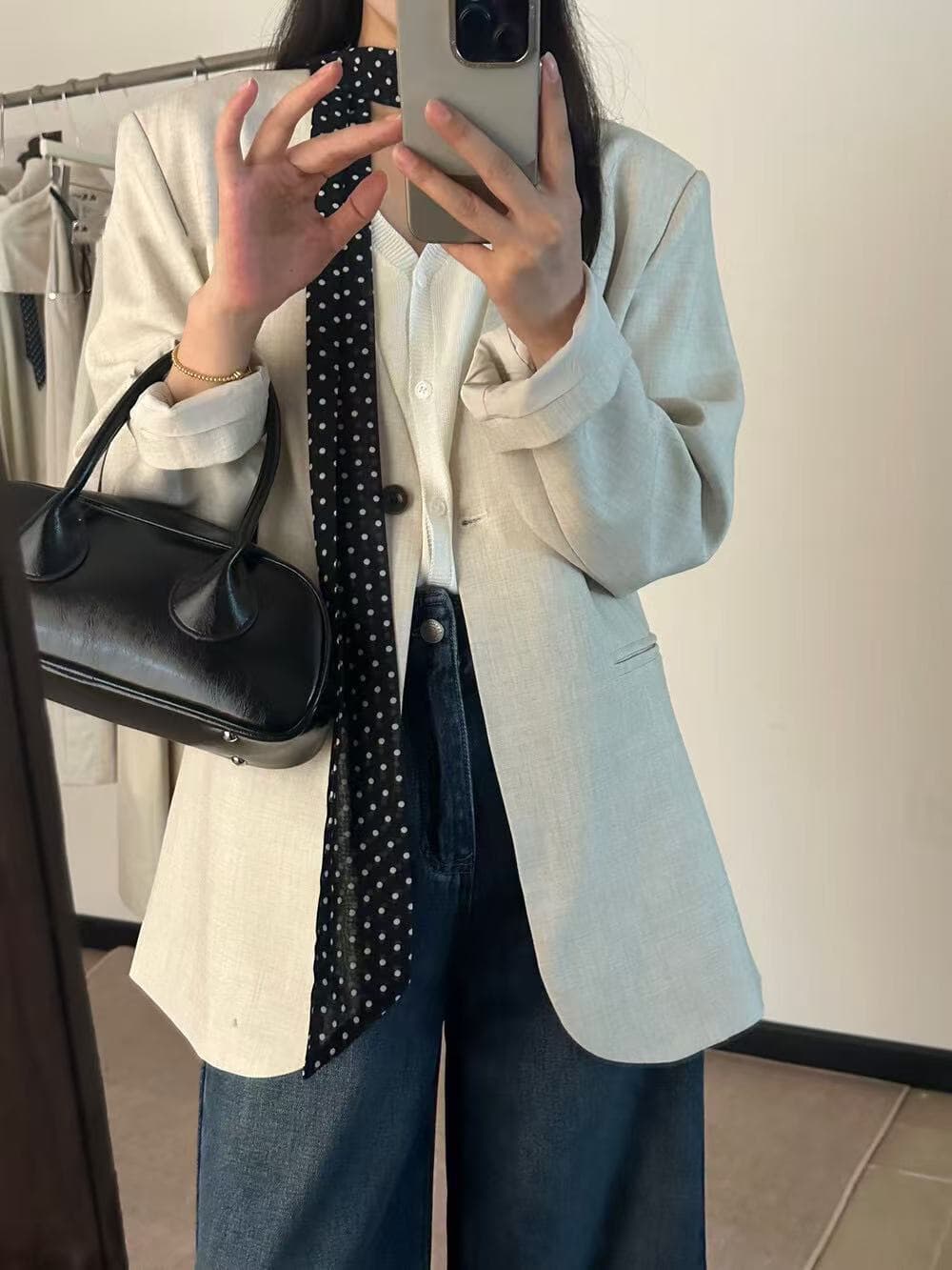 가을 켜기 새로운 한 부서 미니멀리즘 품격 바람 없음 칼라 질감 루즈핏 웨스트 조립 리본 상세 이미지 5