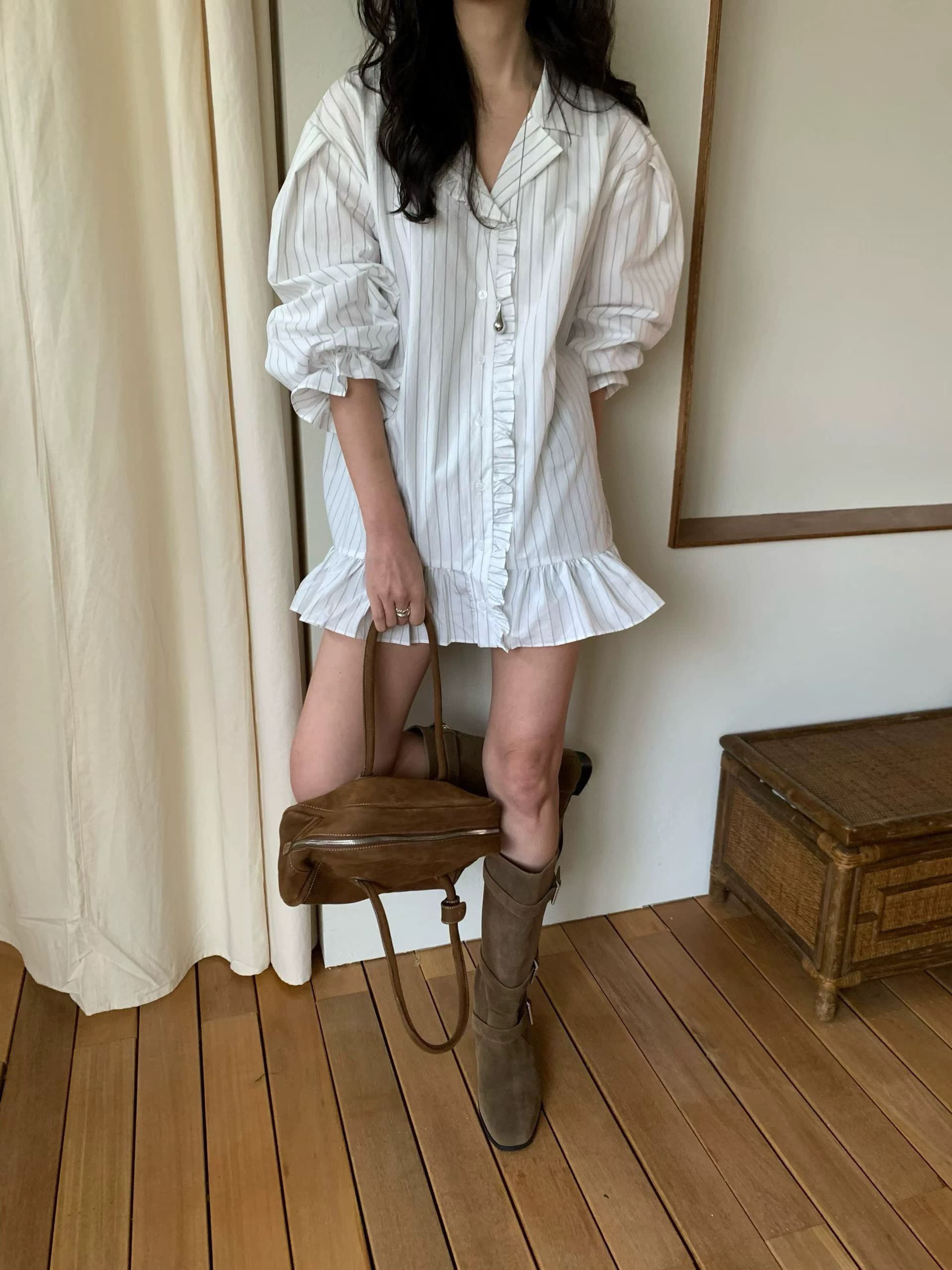 26 봄 한 부서 미니멀리즘 품격 신선함 세로 줄무늬 패치워크 프릴 폴로 칼라 셔츠 이미지 3