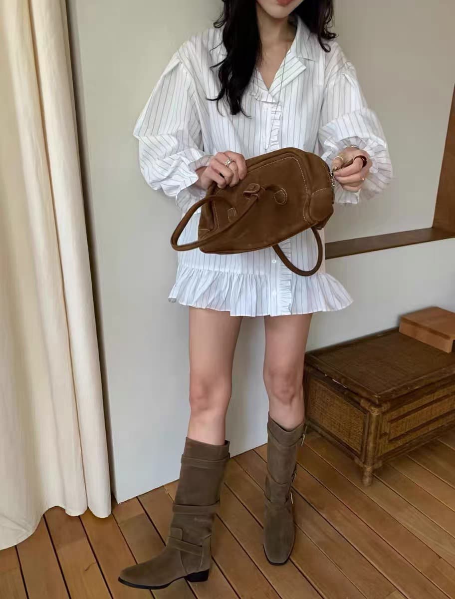 26 봄 한 부서 미니멀리즘 품격 신선함 세로 줄무늬 패치워크 프릴 폴로 칼라 셔츠 상세 이미지 15