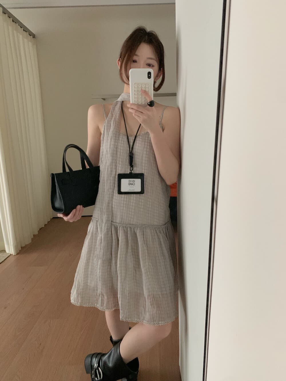 한 여성 분위기 센스 우아한 질감 압력 주름 체크무늬 슬립 드레스 경기 리본 상세 이미지 6