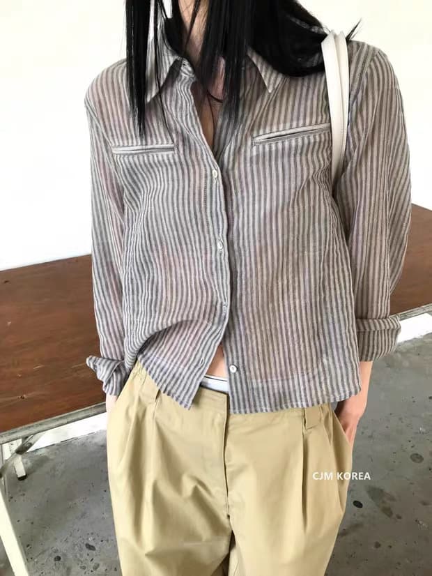 한국 동대문 트렌드 세로 줄무늬 얇은 면 자외선 차단 쇼트 스타일 패션 셔츠