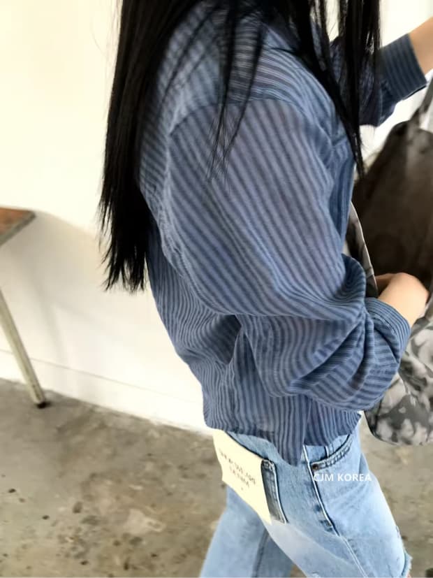 한국 동대문 트렌드 세로 줄무늬 얇은 면 자외선 차단 쇼트 스타일 패션 셔츠 상세 이미지 3
