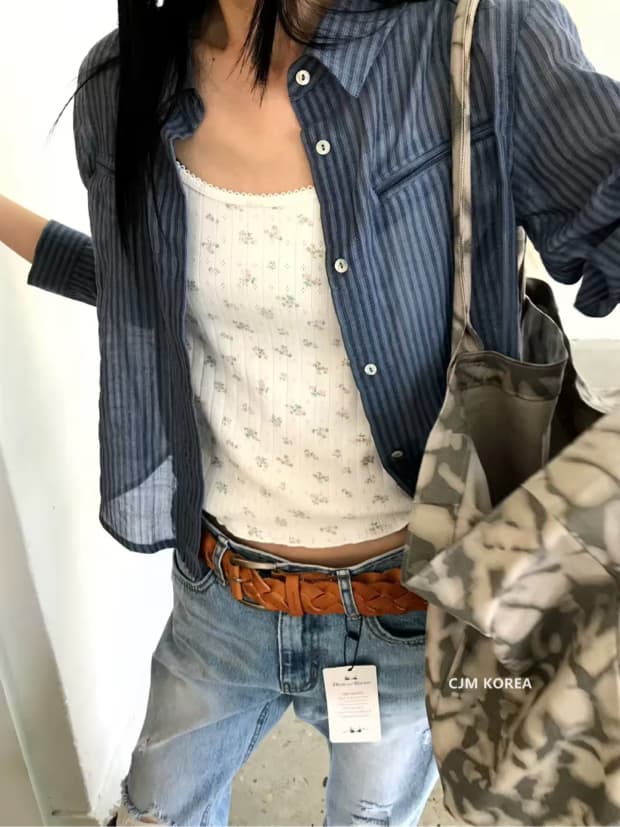 한국 동대문 트렌드 세로 줄무늬 얇은 면 자외선 차단 쇼트 스타일 패션 셔츠 상세 이미지 4