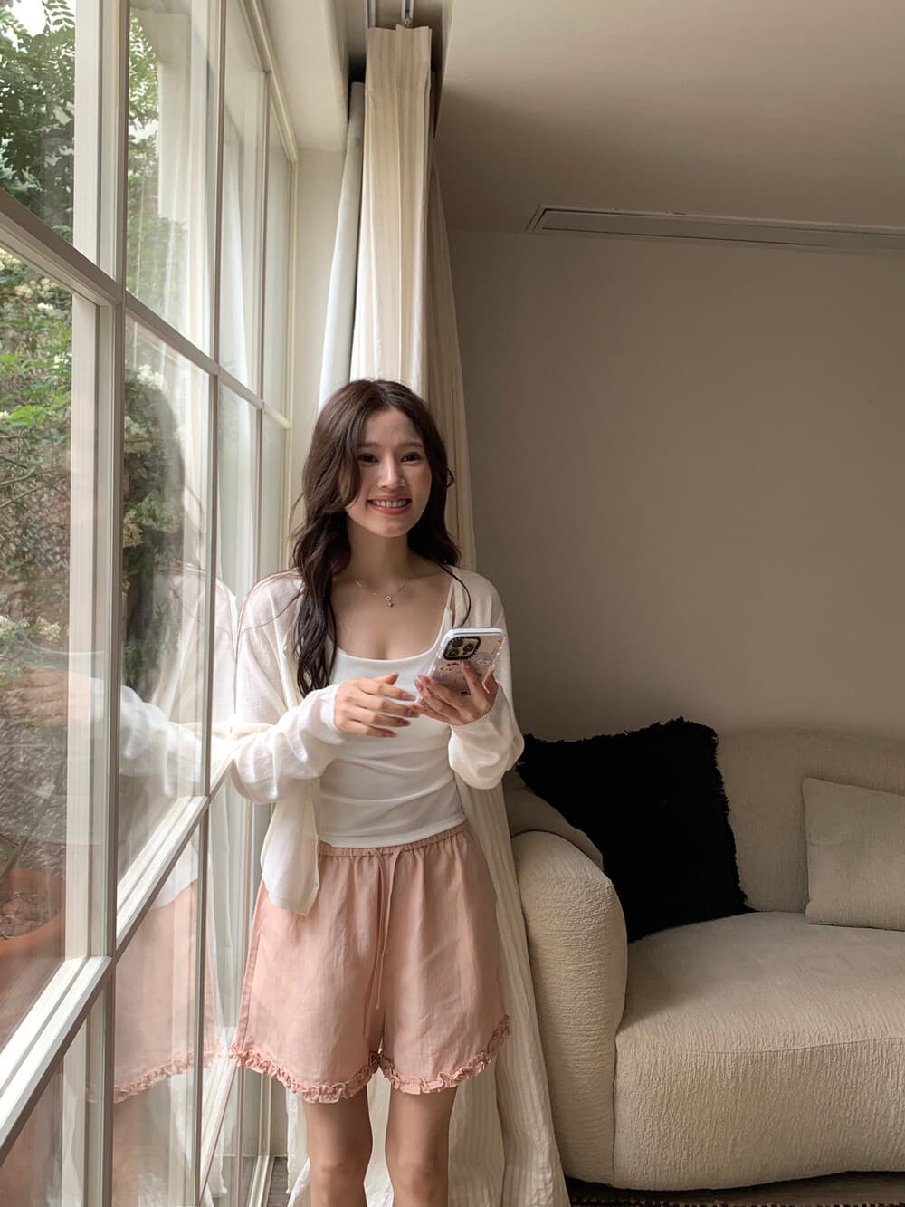 강한 암웨이 편안함 미니멀리즘 프릴 주간 실크 아마 캐주얼 반바지 상세 이미지 3