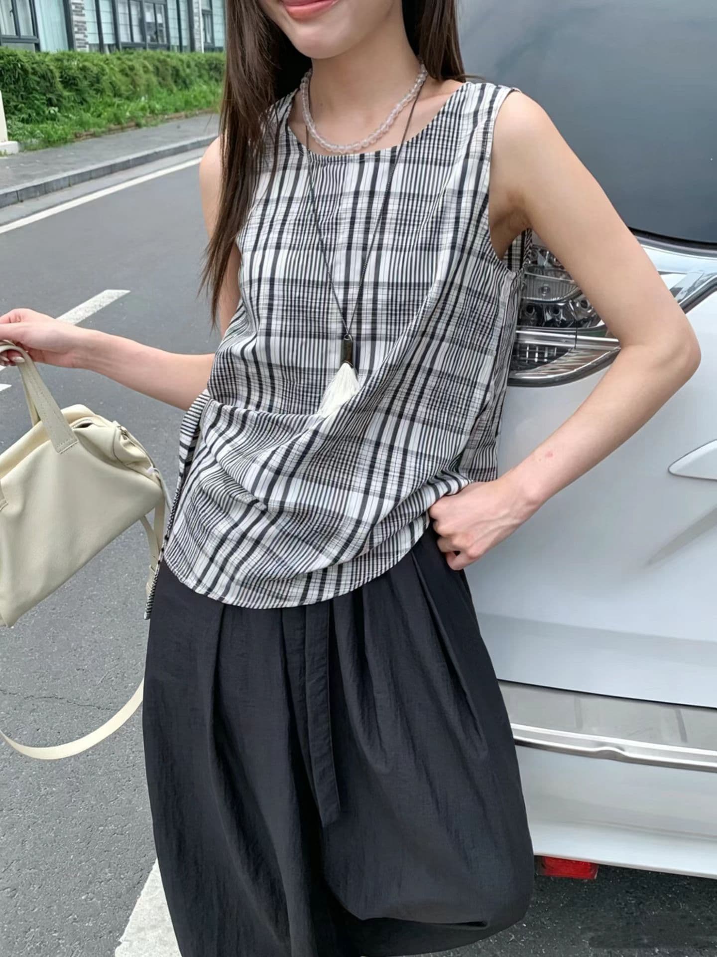 춤 하나 오래된 꿈 노래 한 부서 여름 레트로 체크무늬 측면 허리 매듭이 달린 빛 요리 한 작은 여자 작은 셔츠 있음 선적 이미지 4