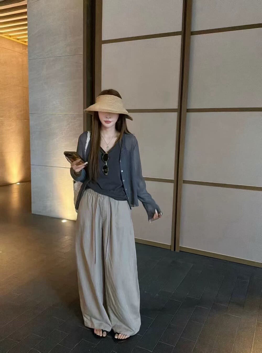 여름 켜기 새로운 느긋한 바람 초박형 자외선 차단 오픈 가디건 조끼 넓은 다리 캐주얼 바지 있음 밖으로 상세 이미지 4