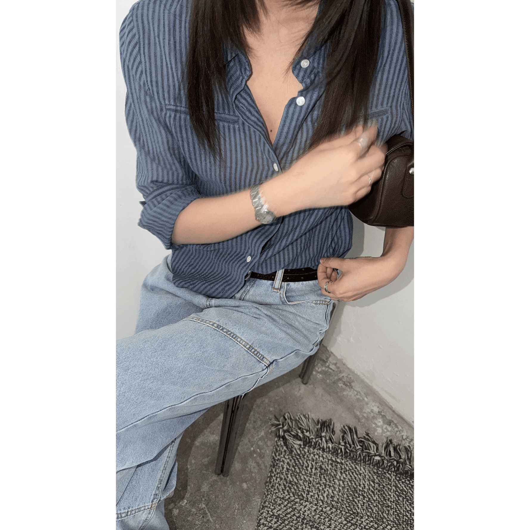 폭발 오는 한국 동대문 미니멀리즘 품격 스트라이프 마이크로 ~을 통해 부드러운 면 쇼트 스타일 패션 셔츠 이미지 5
