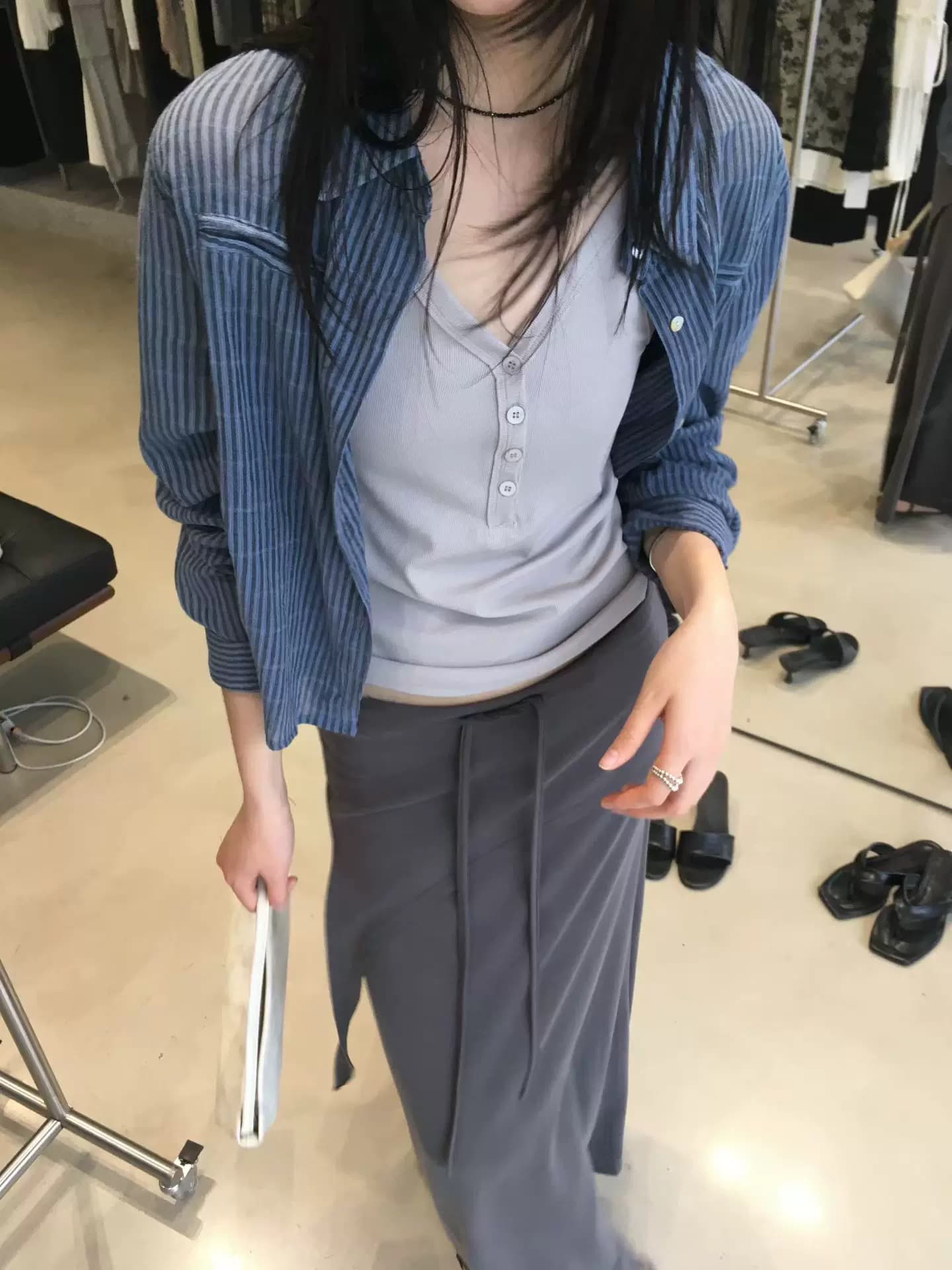 폭발 오는 한국 동대문 미니멀리즘 품격 스트라이프 마이크로 ~을 통해 부드러운 면 쇼트 스타일 패션 셔츠 상세 이미지 12