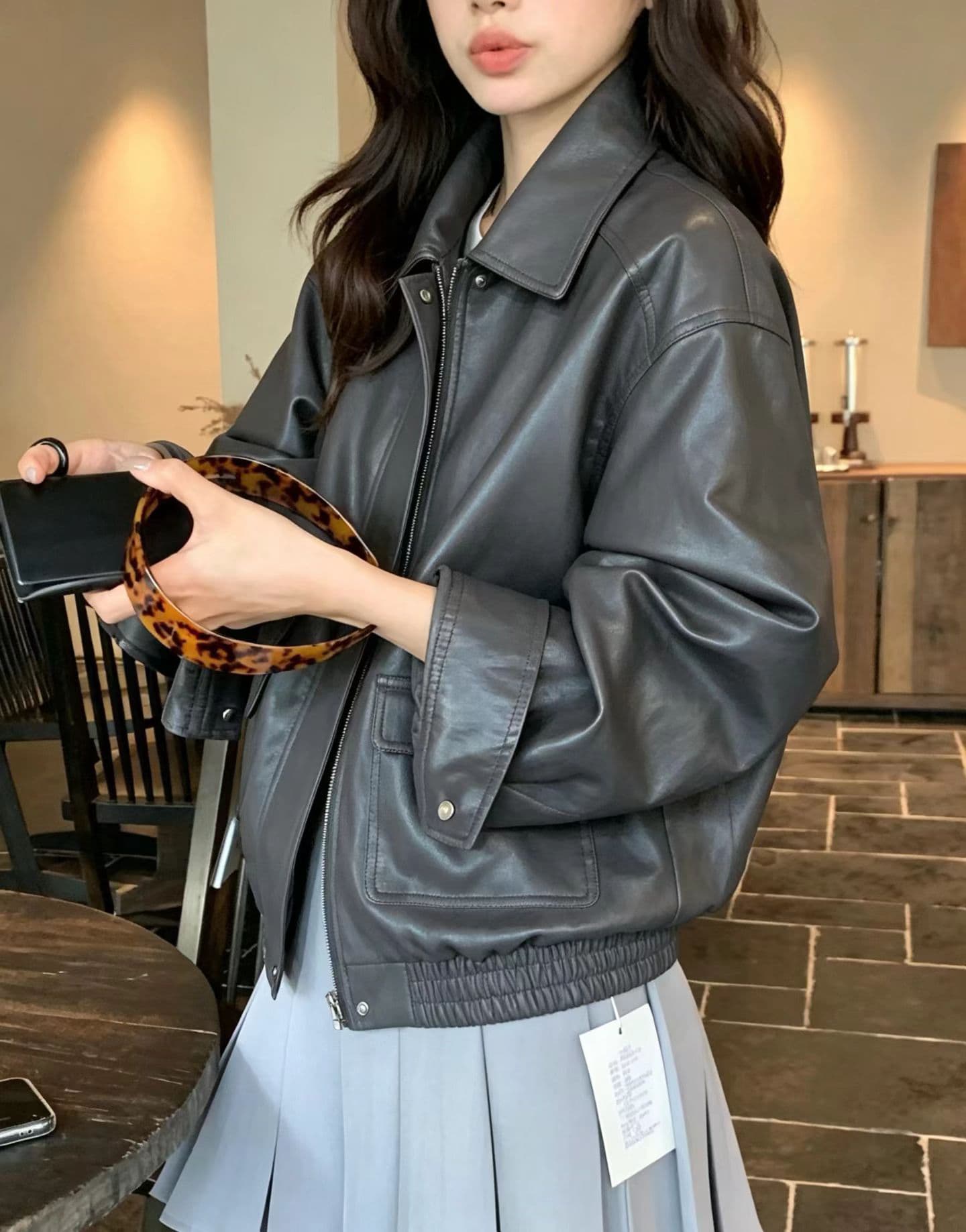 가을 켜기 새로운 높은 품질 한 부서 빅 포켓 장식 캐주얼 패션 섹션 가죽 재킷