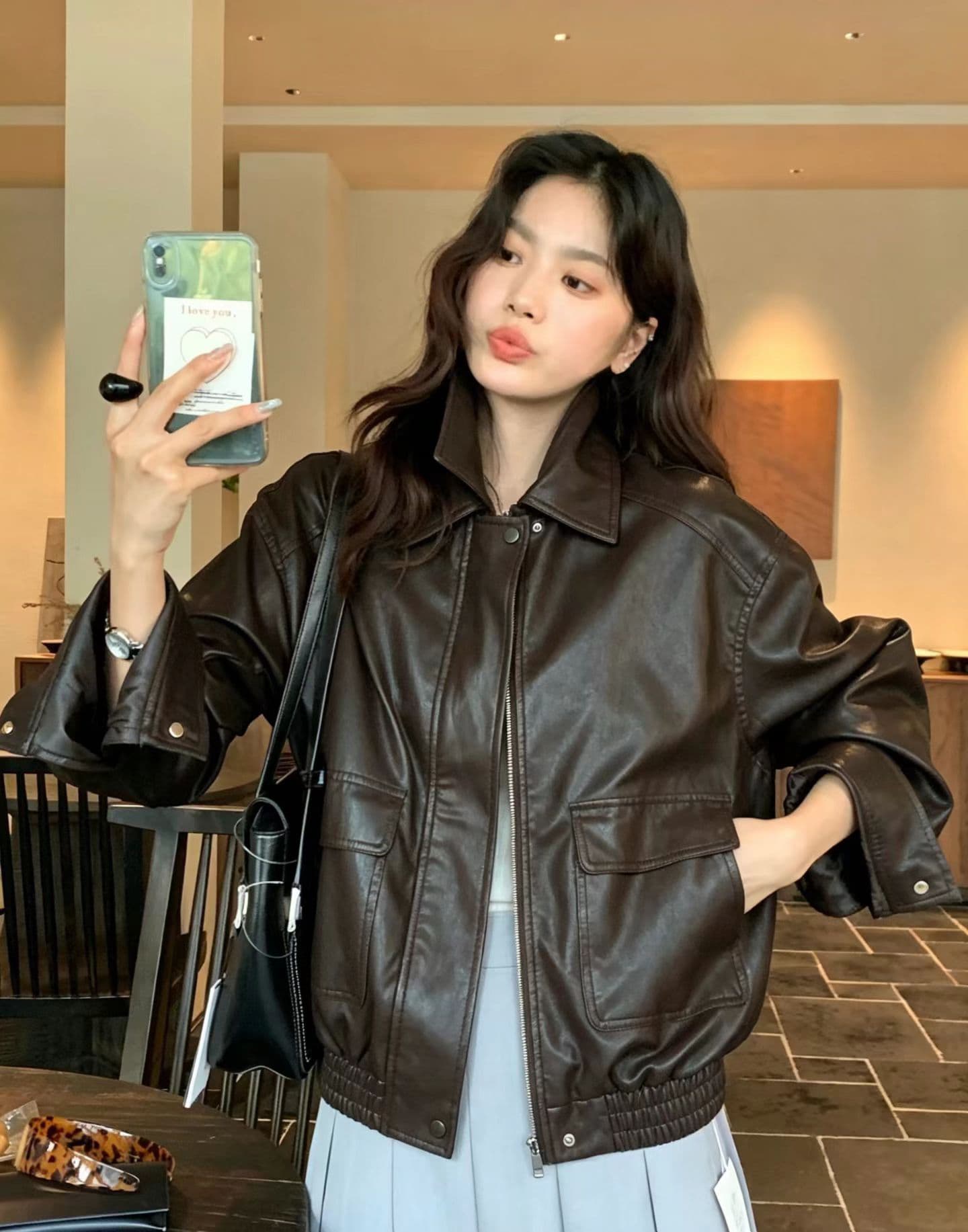 가을 켜기 새로운 높은 품질 한 부서 빅 포켓 장식 캐주얼 패션 섹션 가죽 재킷 이미지 4