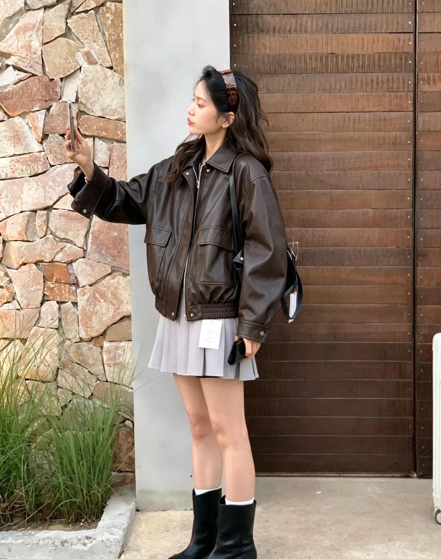 가을 켜기 새로운 높은 품질 한 부서 빅 포켓 장식 캐주얼 패션 섹션 가죽 재킷 상세 이미지 4
