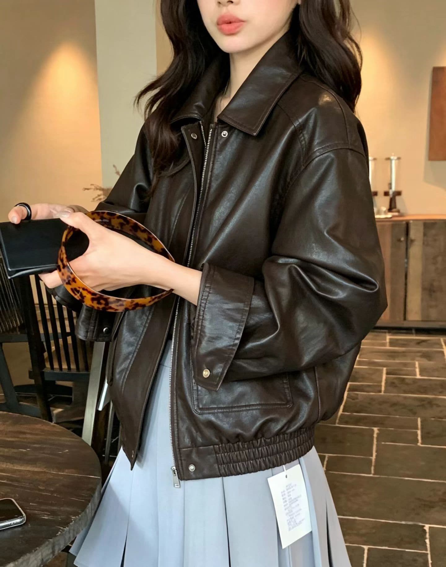 가을 켜기 새로운 높은 품질 한 부서 빅 포켓 장식 캐주얼 패션 섹션 가죽 재킷 상세 이미지 5