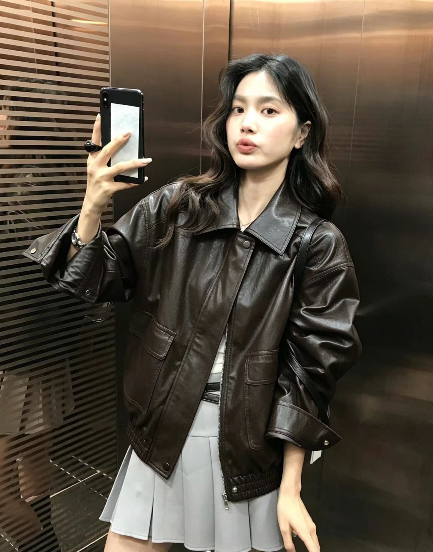 가을 켜기 새로운 높은 품질 한 부서 빅 포켓 장식 캐주얼 패션 섹션 가죽 재킷 상세 이미지 6