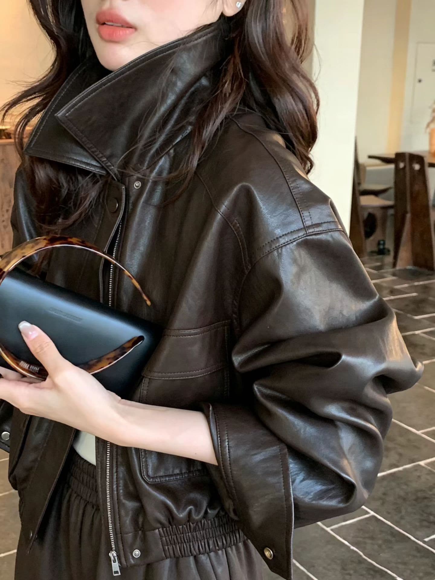 가을 켜기 새로운 높은 품질 한 부서 빅 포켓 장식 캐주얼 패션 섹션 가죽 재킷 상세 이미지 7