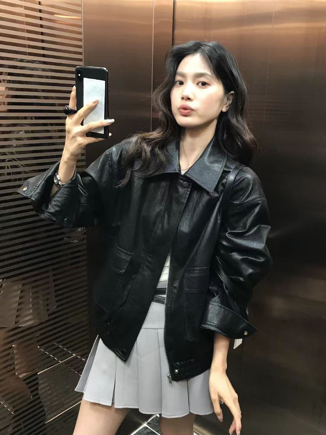 가을 켜기 새로운 높은 품질 한 부서 빅 포켓 장식 캐주얼 패션 섹션 가죽 재킷 상세 이미지 8