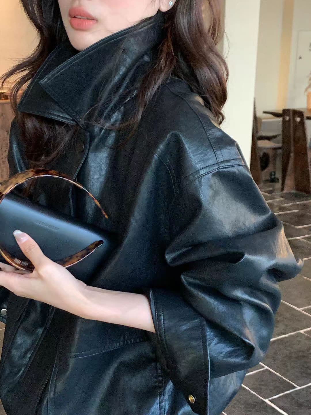 가을 켜기 새로운 높은 품질 한 부서 빅 포켓 장식 캐주얼 패션 섹션 가죽 재킷 상세 이미지 9