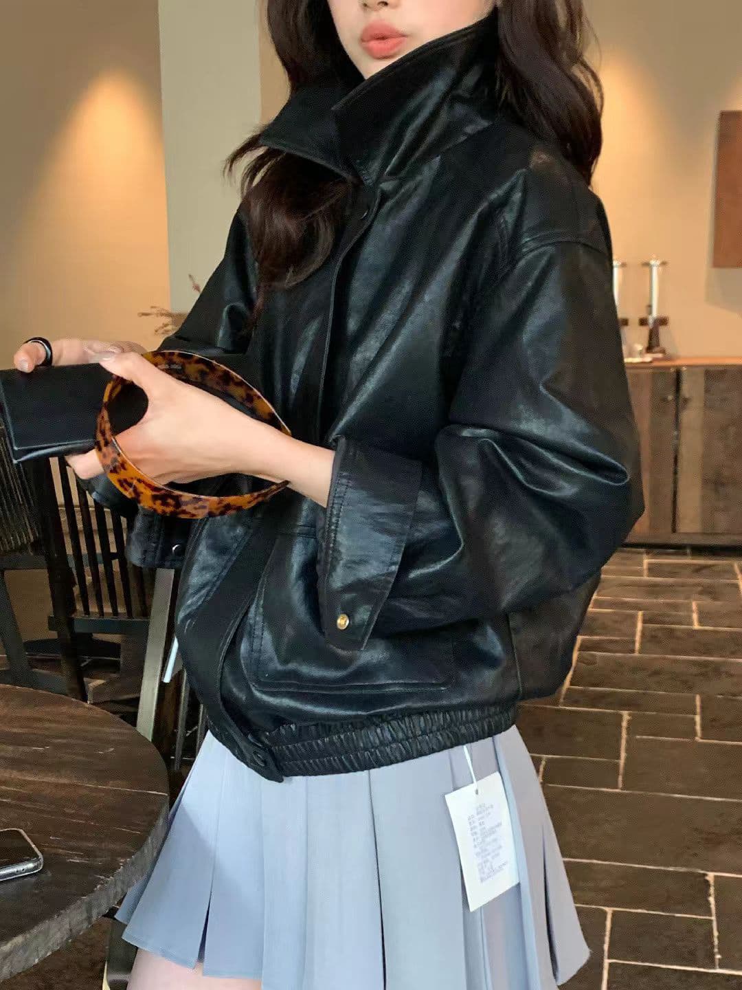 가을 켜기 새로운 높은 품질 한 부서 빅 포켓 장식 캐주얼 패션 섹션 가죽 재킷 상세 이미지 10
