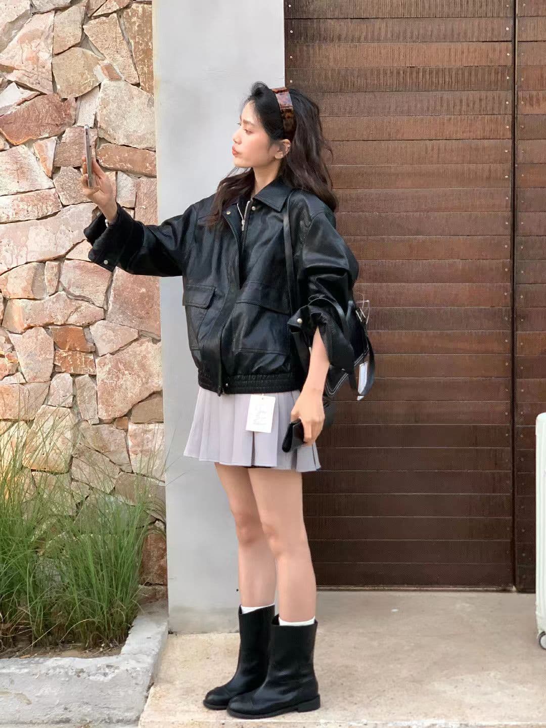 가을 켜기 새로운 높은 품질 한 부서 빅 포켓 장식 캐주얼 패션 섹션 가죽 재킷 상세 이미지 11