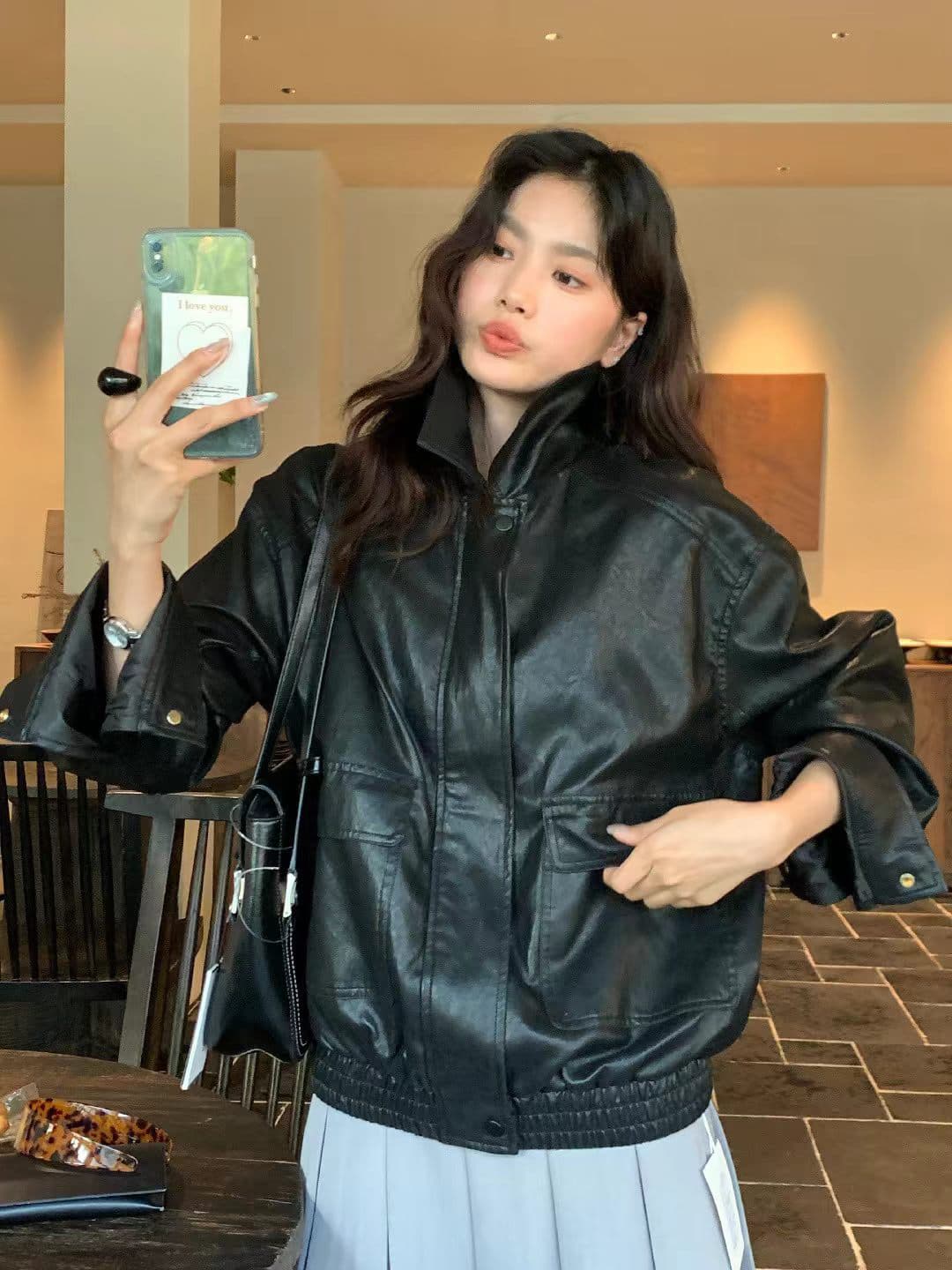 가을 켜기 새로운 높은 품질 한 부서 빅 포켓 장식 캐주얼 패션 섹션 가죽 재킷 상세 이미지 12