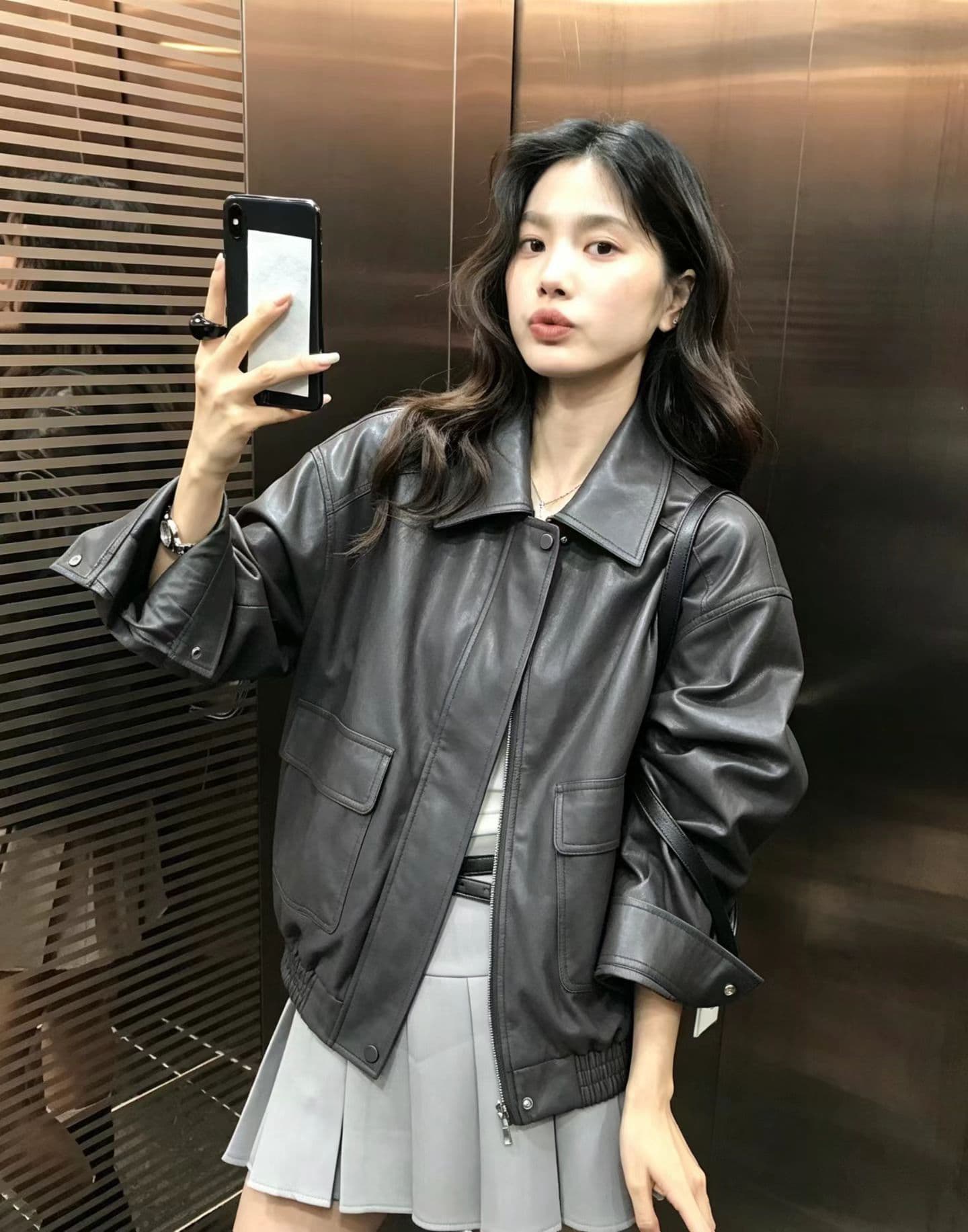 가을 켜기 새로운 높은 품질 한 부서 빅 포켓 장식 캐주얼 패션 섹션 가죽 재킷 상세 이미지 17