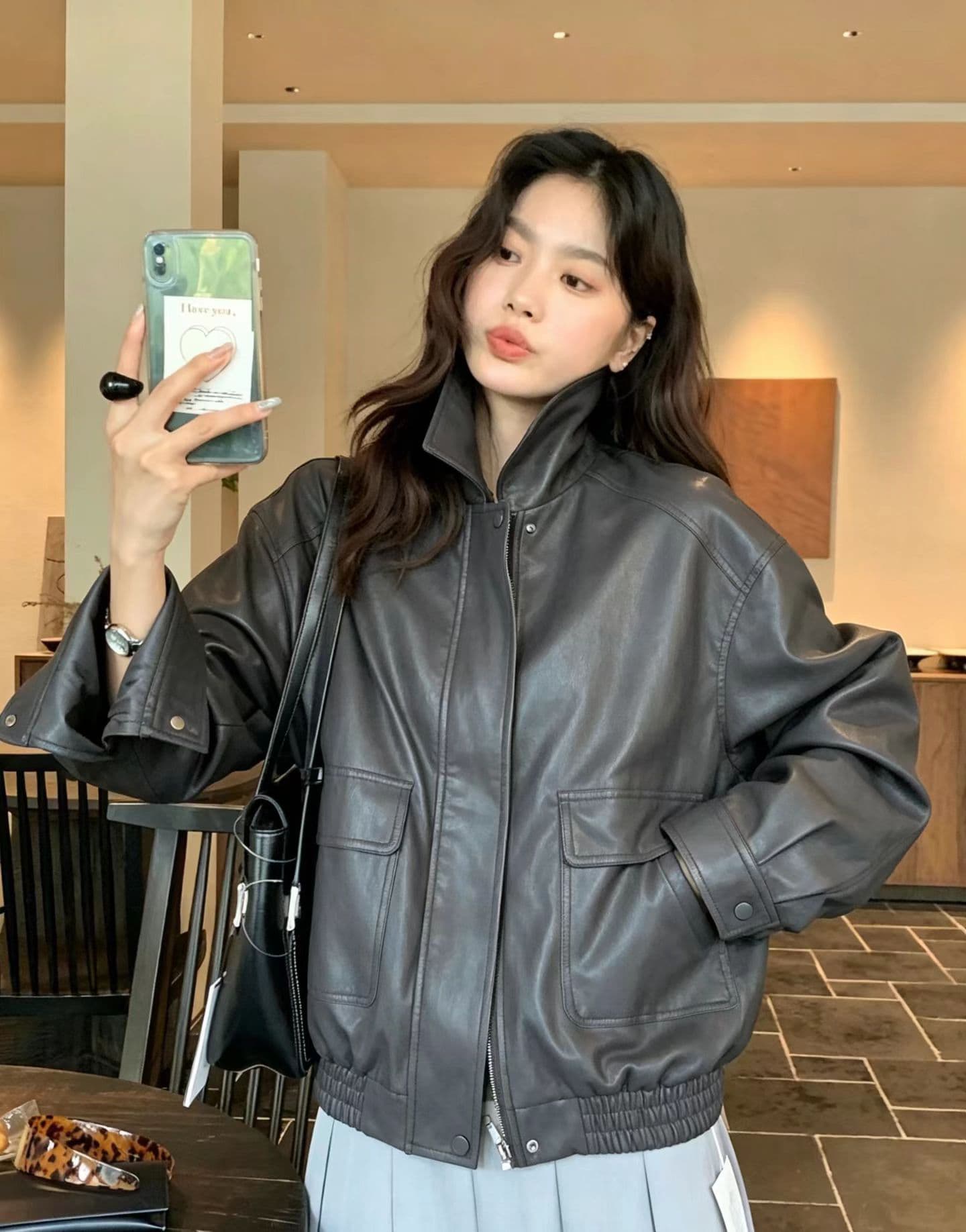 가을 켜기 새로운 높은 품질 한 부서 빅 포켓 장식 캐주얼 패션 섹션 가죽 재킷 상세 이미지 18