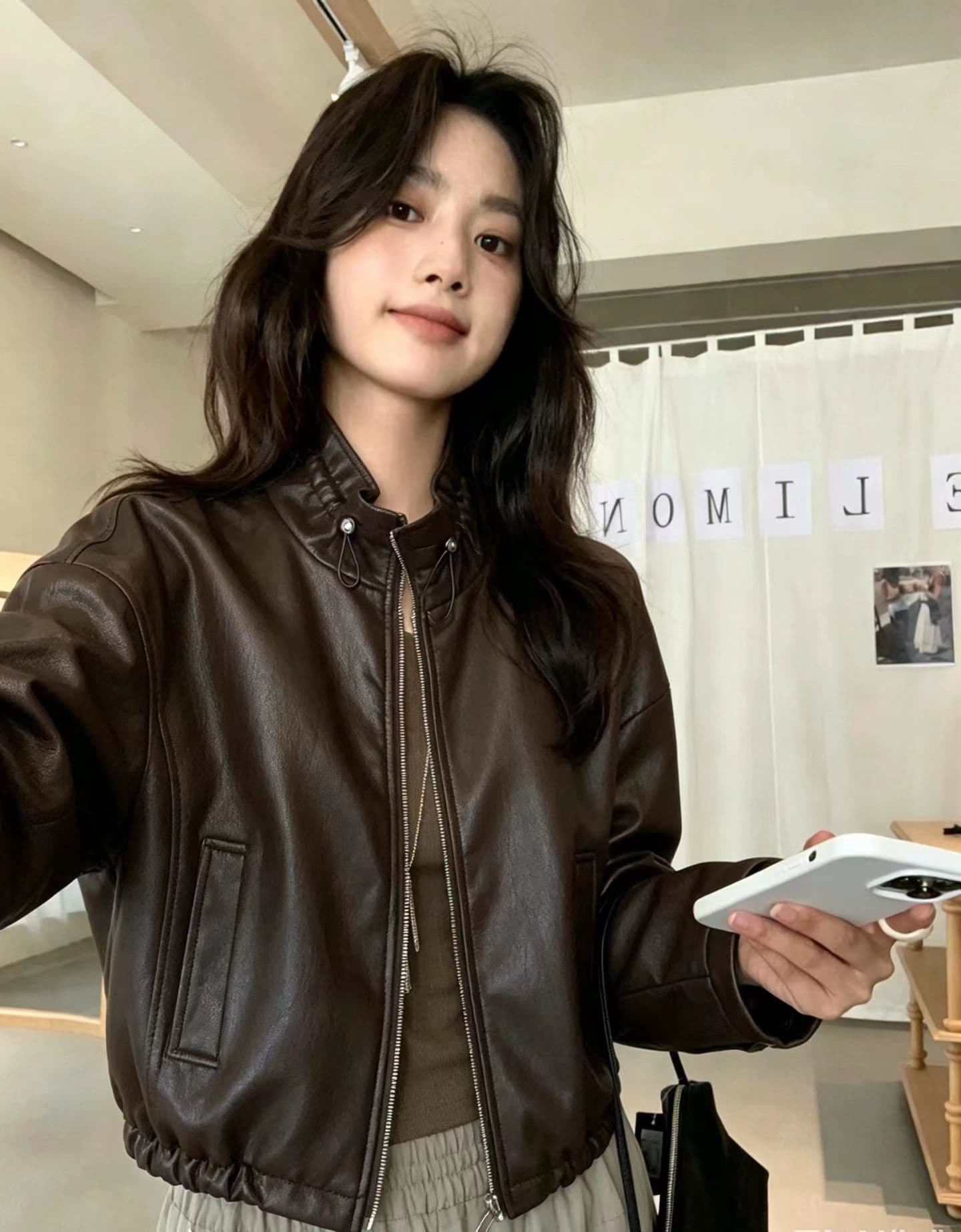 가을 켜기 새로운 한 부서 작은 대중 디자인 네클라인 펌프 로프 기계 자동차 모델 다용도 재킷 가죽 재킷
