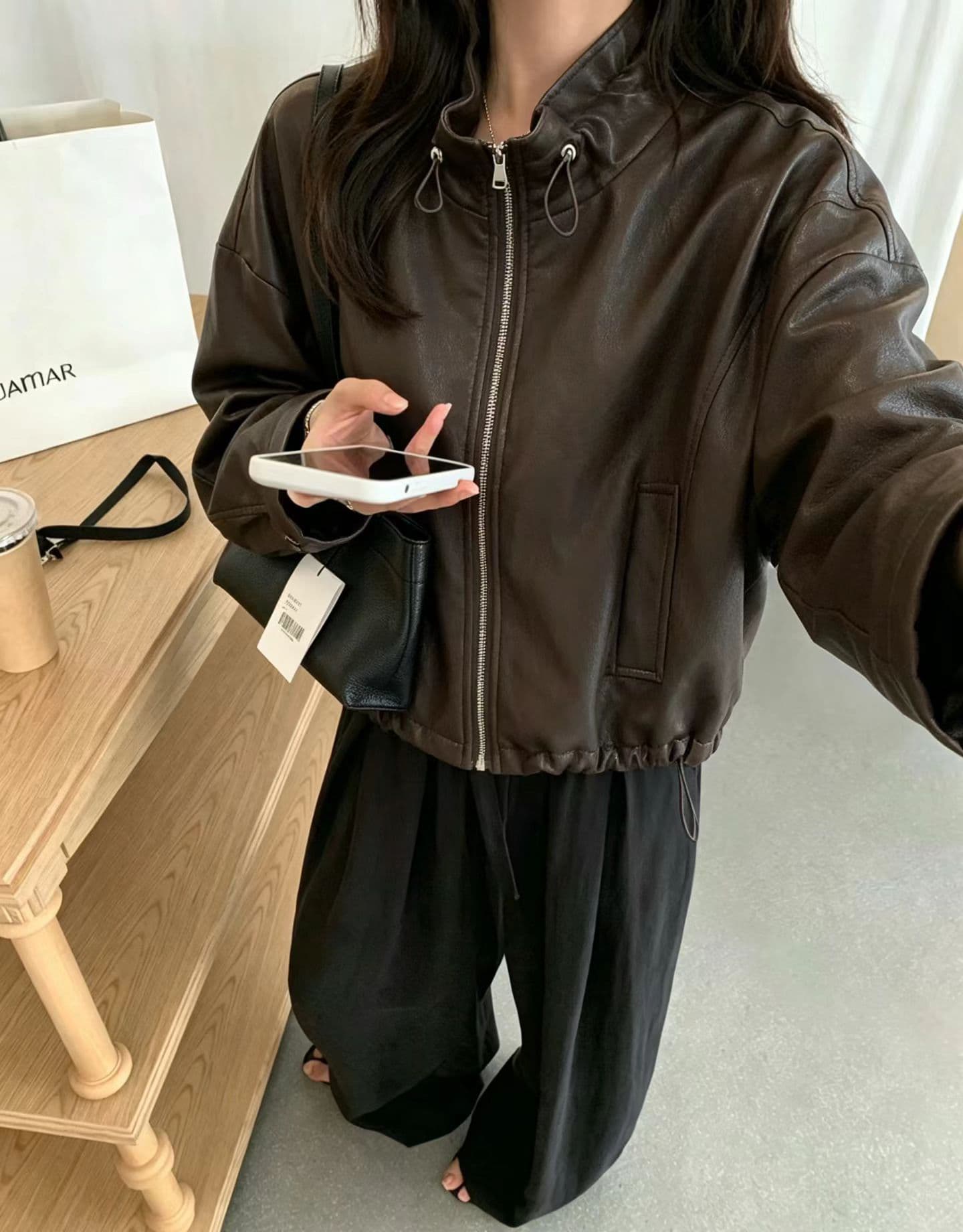 가을 켜기 새로운 한 부서 작은 대중 디자인 네클라인 펌프 로프 기계 자동차 모델 다용도 재킷 가죽 재킷 이미지 2